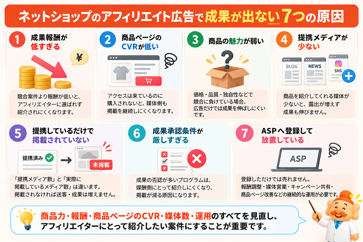 ネットショップのアフィリエイト広告で成果が出ない原因