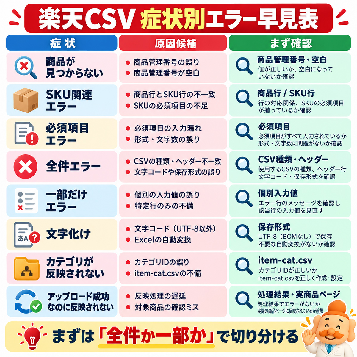 楽天CSV 症状別エラー早見表