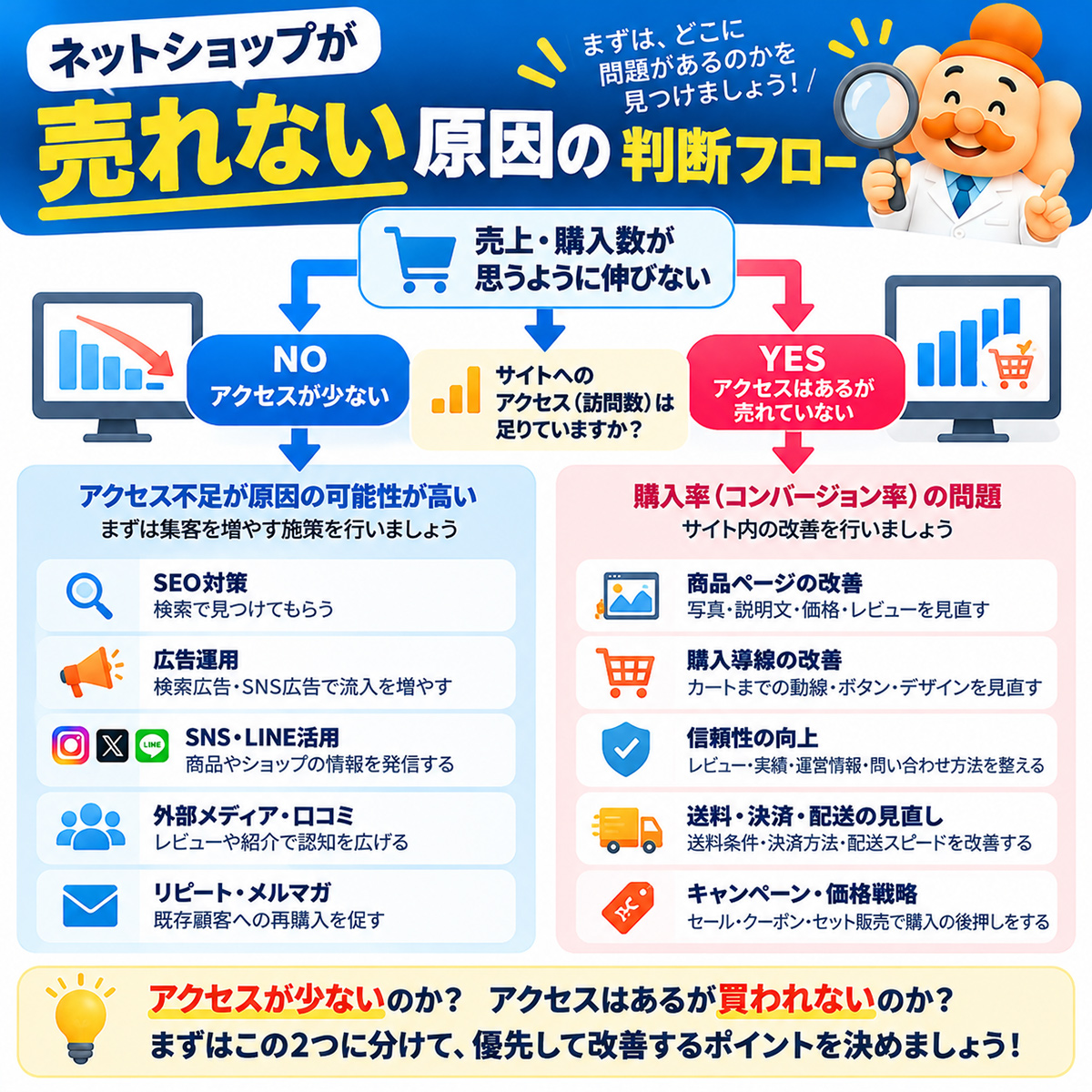 開店後に売れない原因の判断フロー（アクセス不足／アクセスはあるが購入されない）