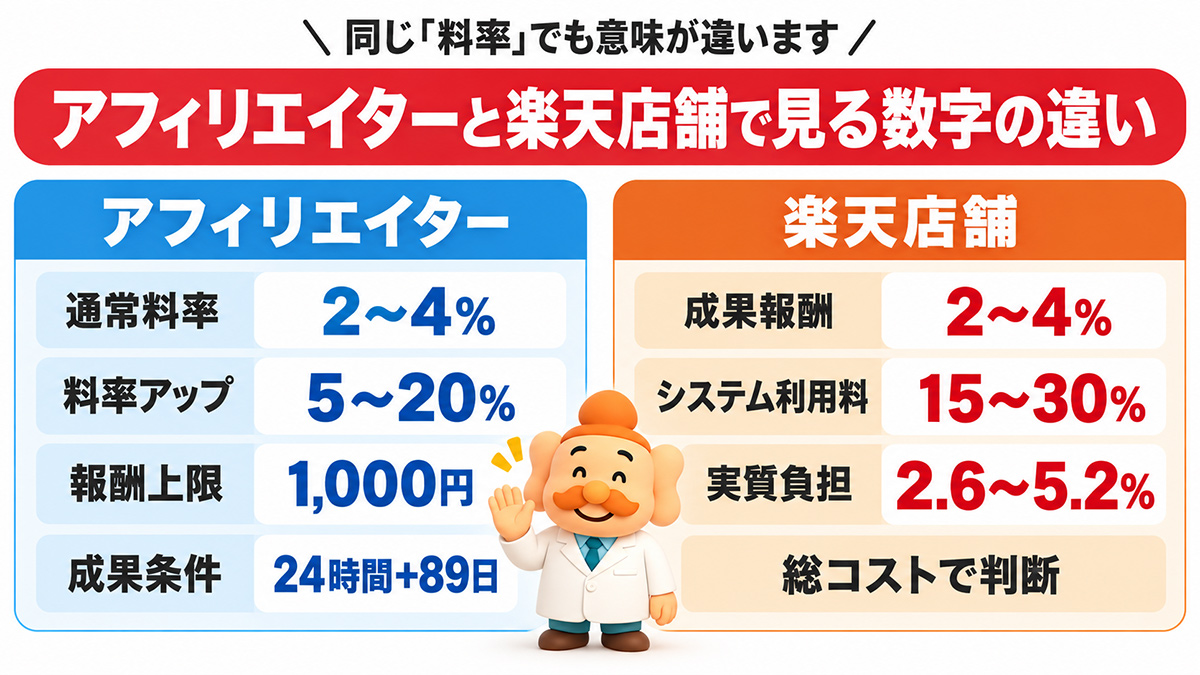 アフィリエイター側と楽天店舗側では「料率」の意味が違う
