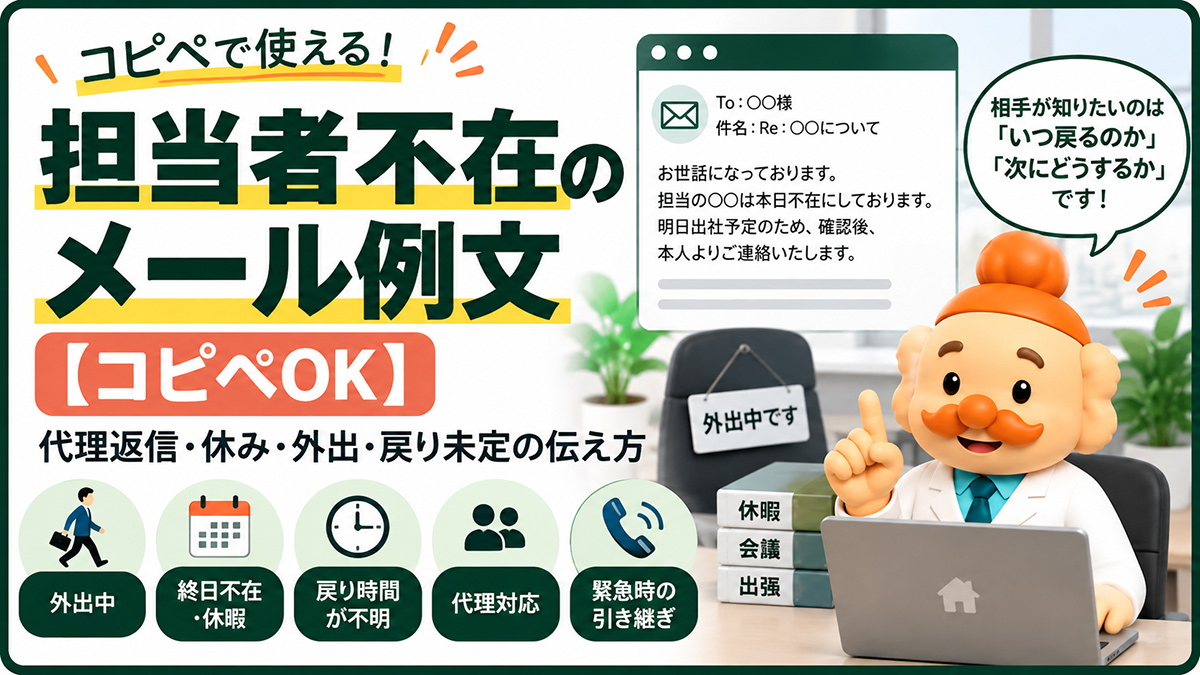 担当者不在のメール例文【コピペOK】代理返信・休み・外出・戻り未定の伝え方