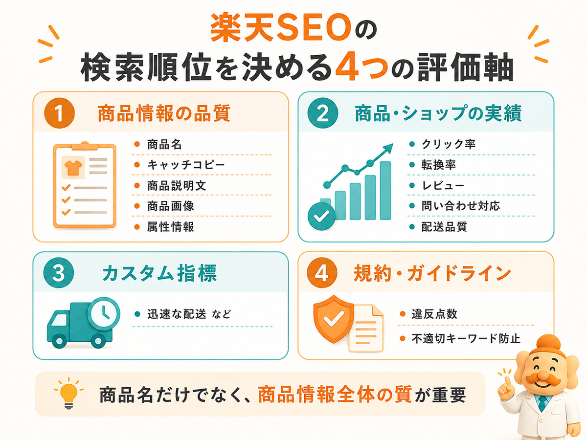 楽天SEOの検索順位を決める4つの評価軸