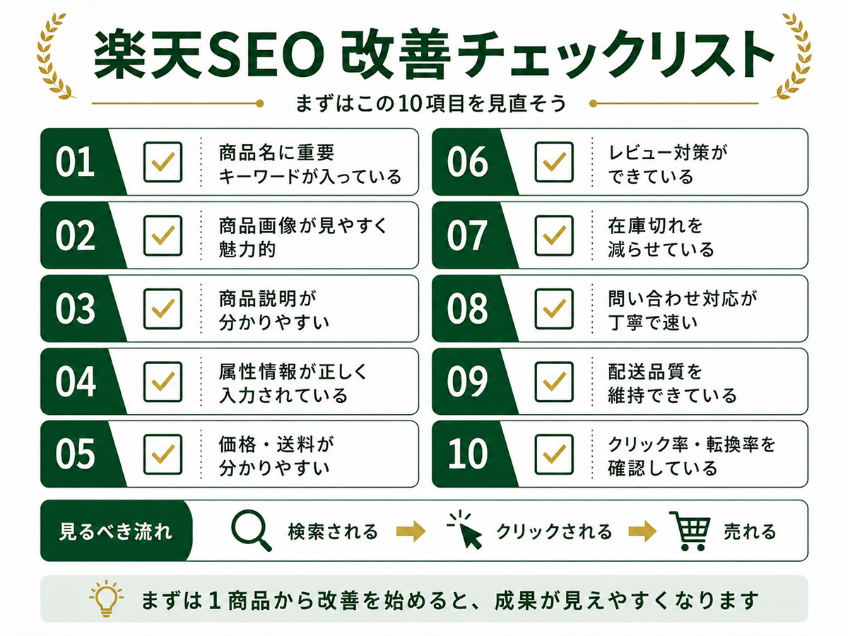 楽天SEO改善チェックリスト|商品名・商品画像・レビュー・配送品質など10項目