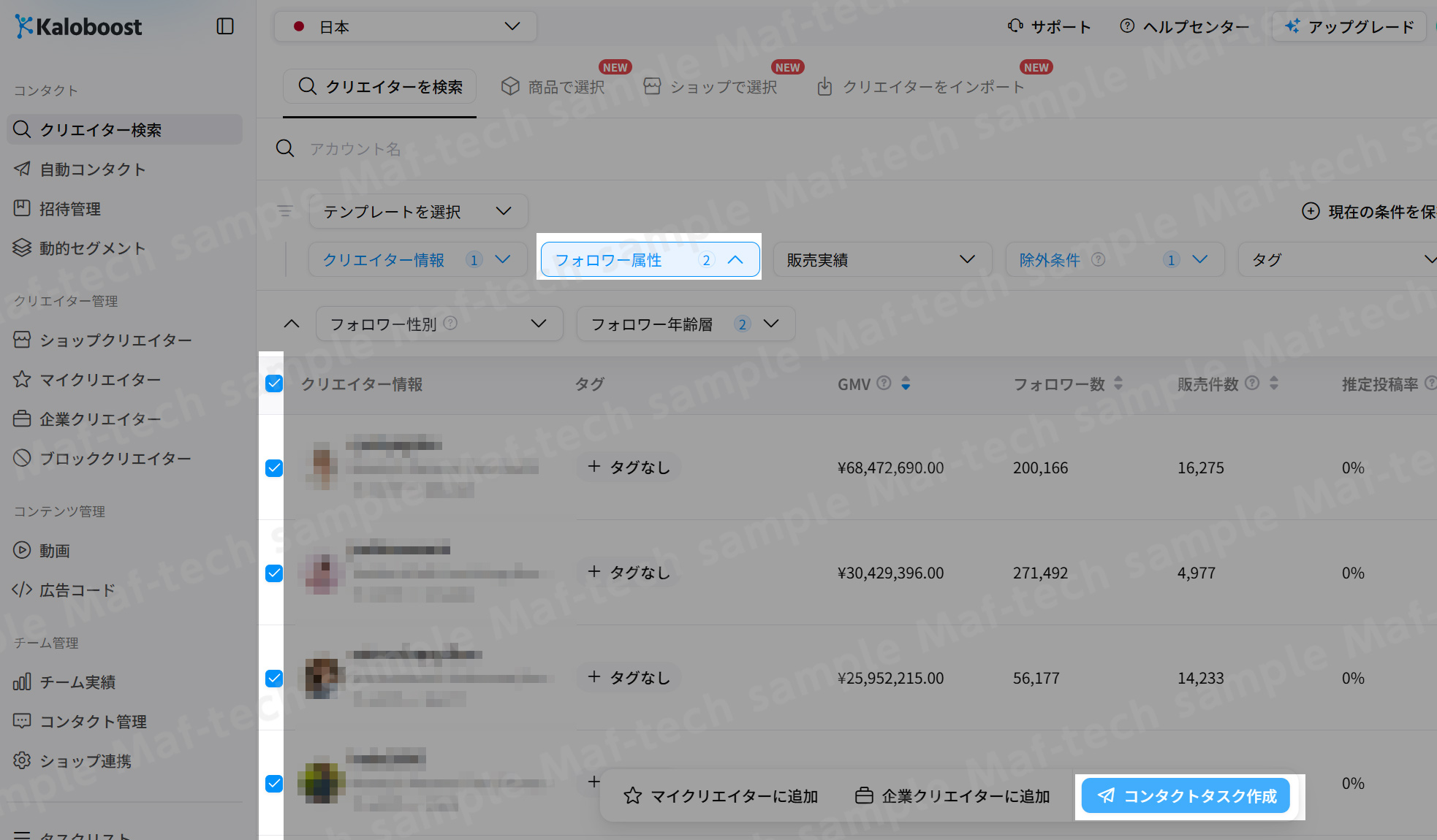 Kaloboostのアプローチ・進捗管理画面