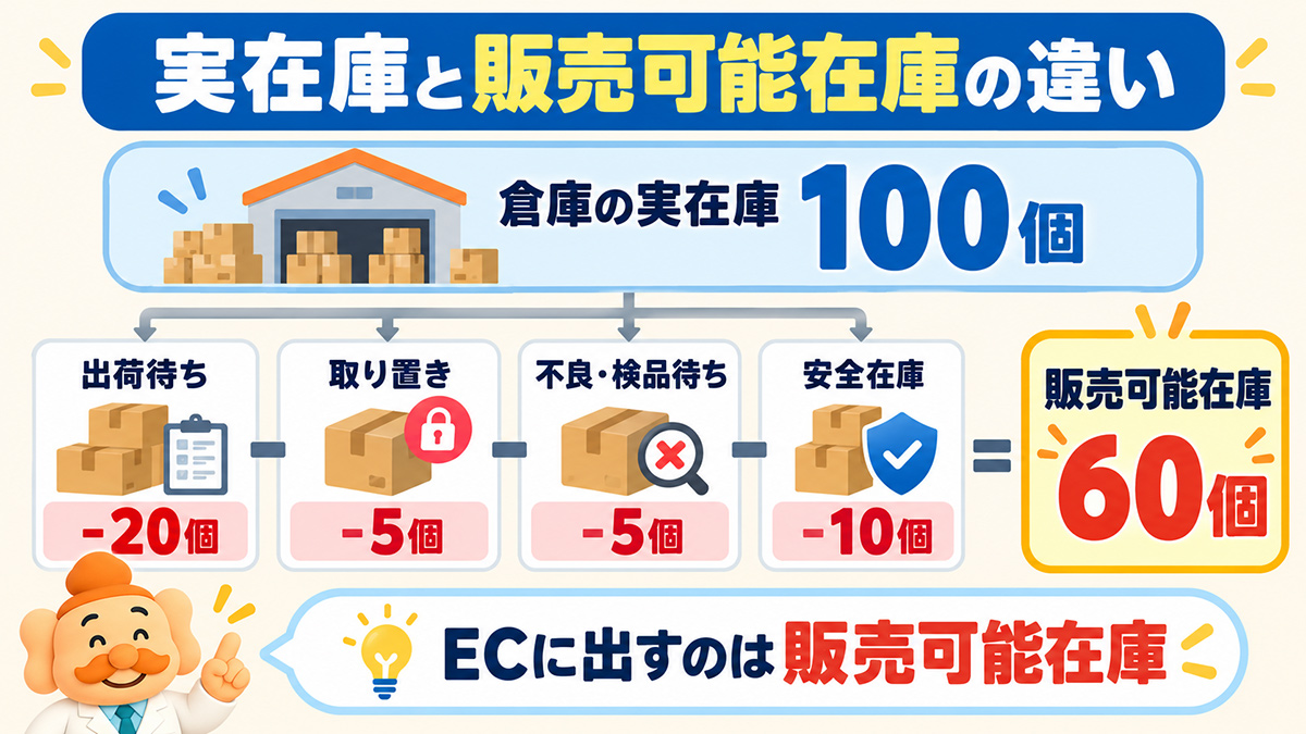 実在庫から販売可能在庫への流れ