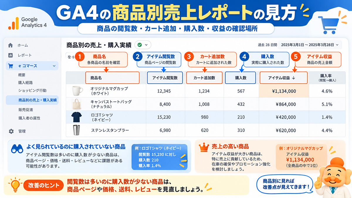 GA4の商品別売上レポート(閲覧数・カート追加・購入数・収益)