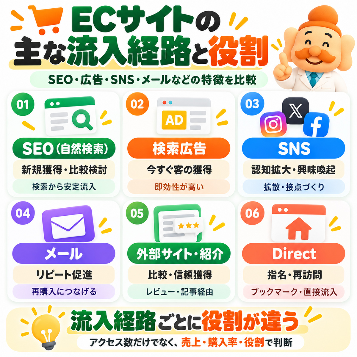 ECサイトの主な流入経路とSEO・広告・SNS・メールなどの役割