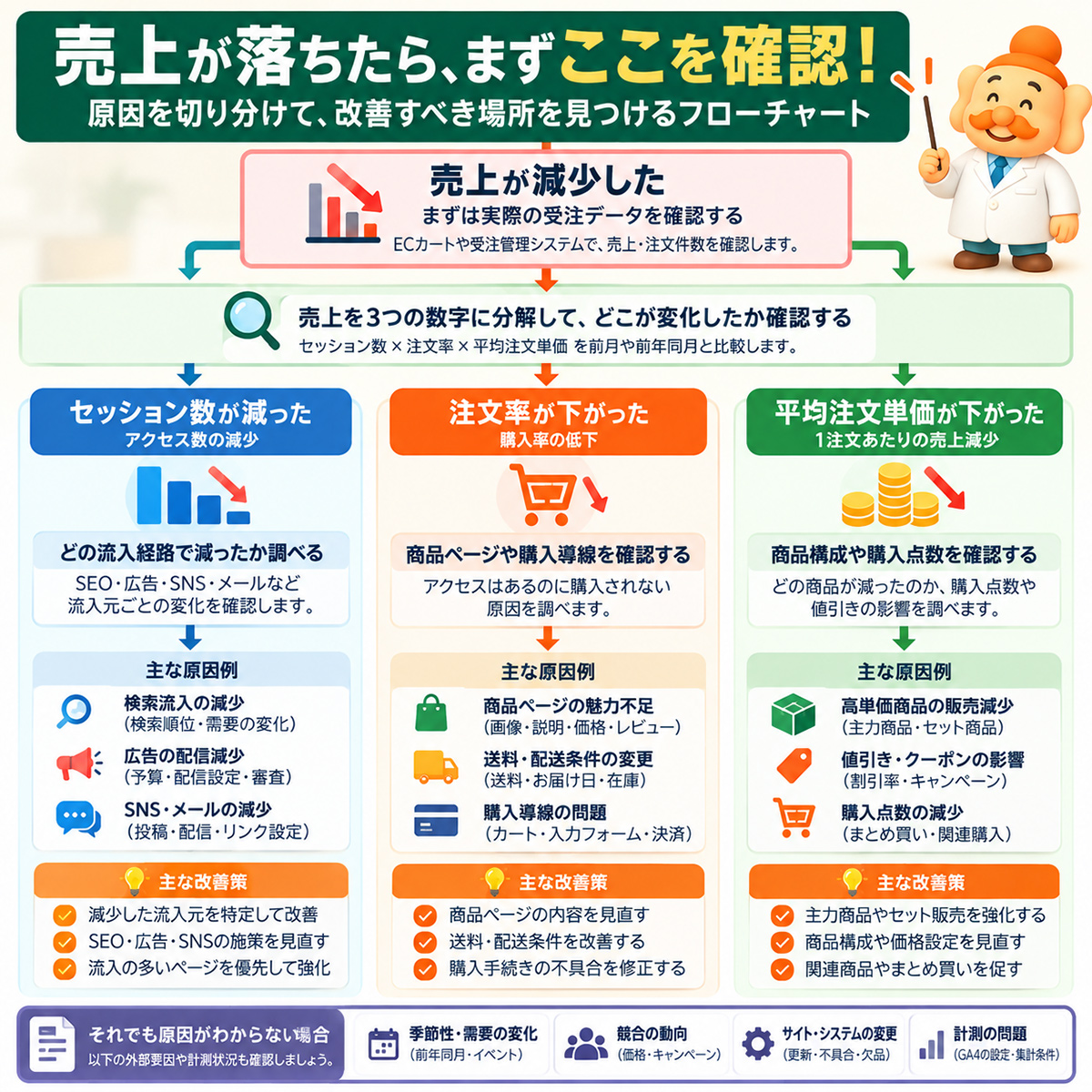 ECサイトの売上減少をアクセス・注文率・客単価に分けて原因と対策を判断するフローチャート