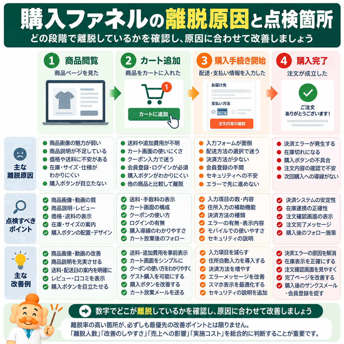 購入ファネルの段階別離脱原因と商品ページ カート 決済の点検箇所