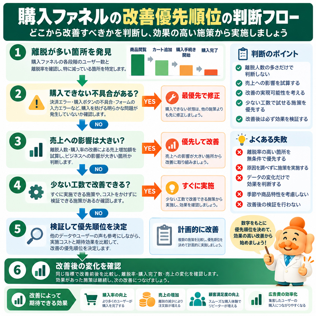 購入ファネル改善優先順位の判断フロー 離脱箇所 障害確認 売上影響 改善工数 検証
