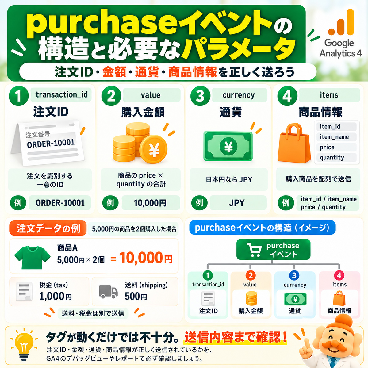 GA4のpurchaseイベントに必要な注文ID・購入金額・商品情報