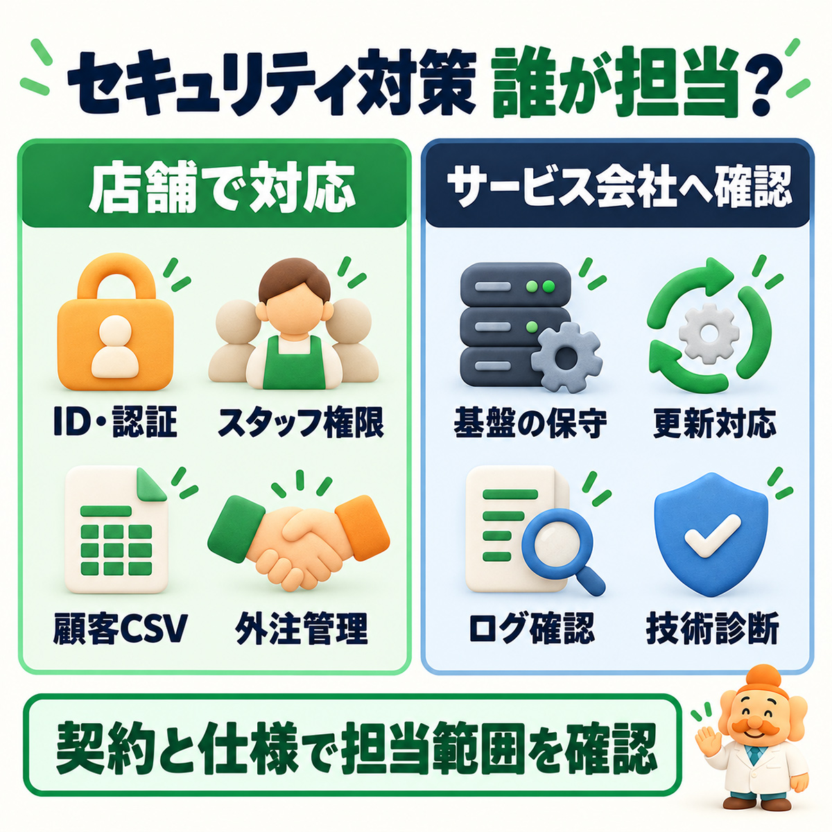 店舗で対応することとサービス会社へ確認すること。担当範囲は契約と仕様で確認