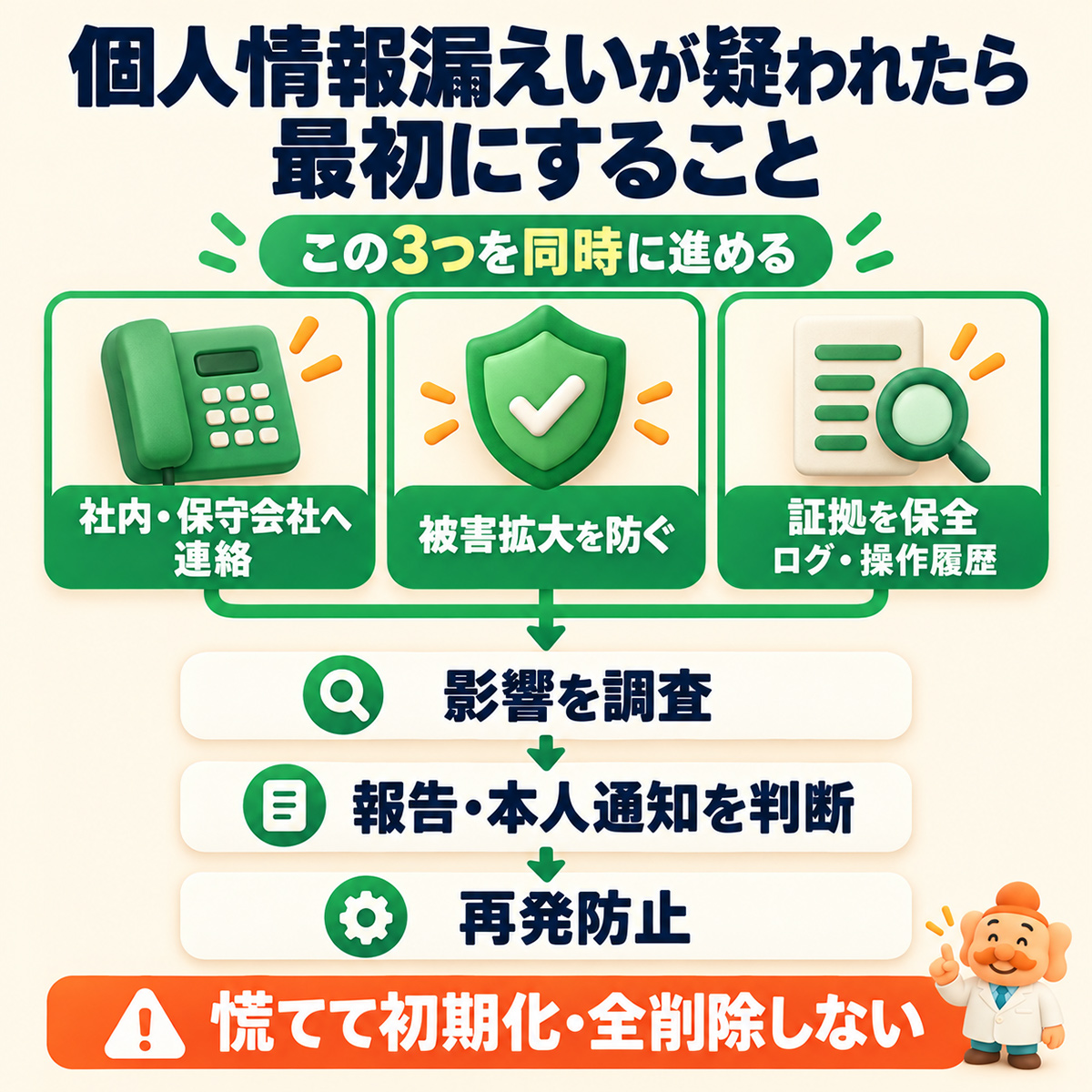 漏えいが疑われたら連絡、被害拡大の防止、証拠保全を同時に進め、影響調査と報告・本人通知を判断する