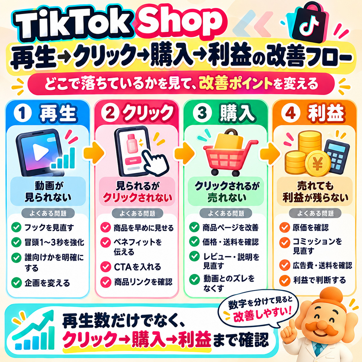 TikTok Shop 再生→クリック→購入→利益の改善フロー
