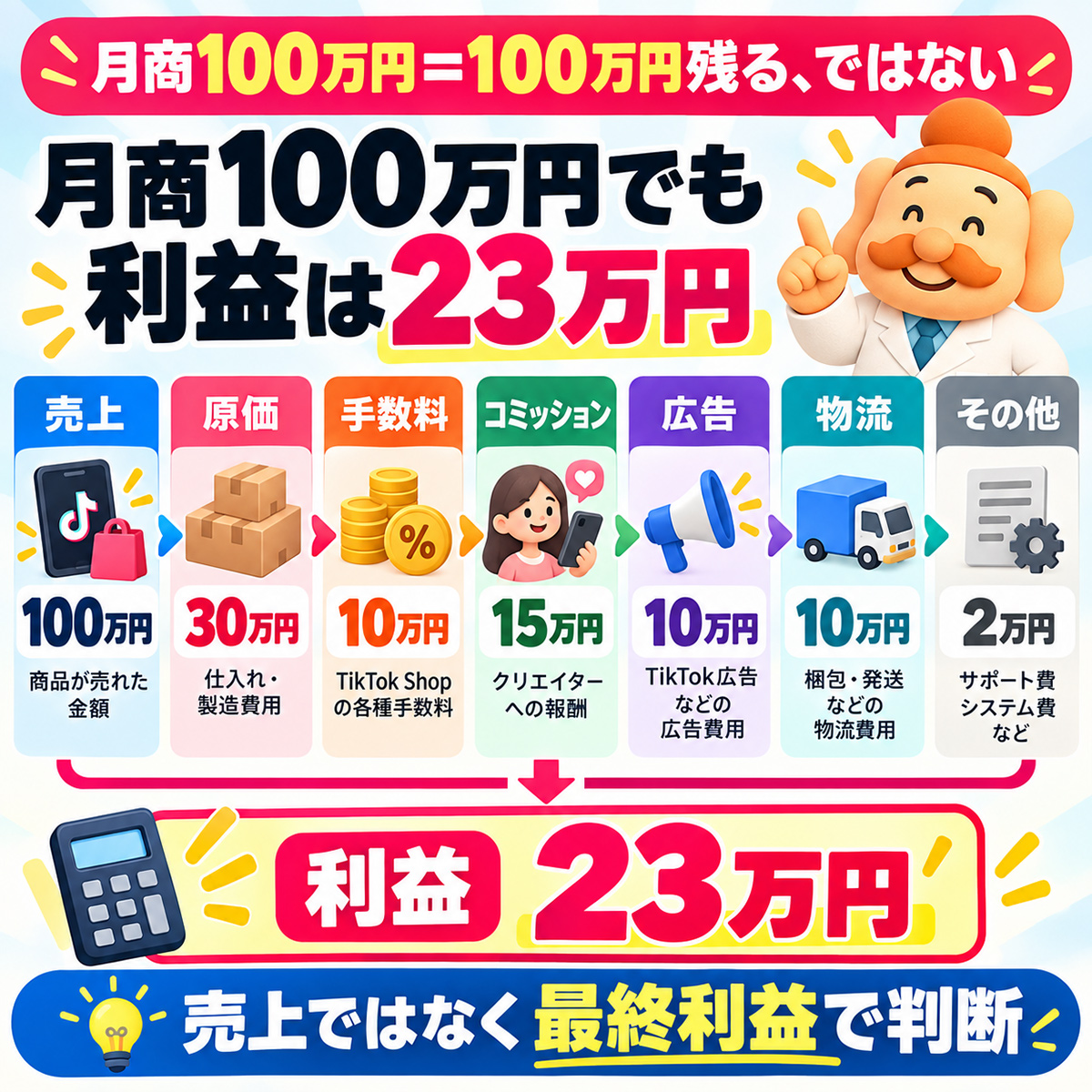 TikTok Shopで月商100万円から各種費用を引くと利益23万円になる例