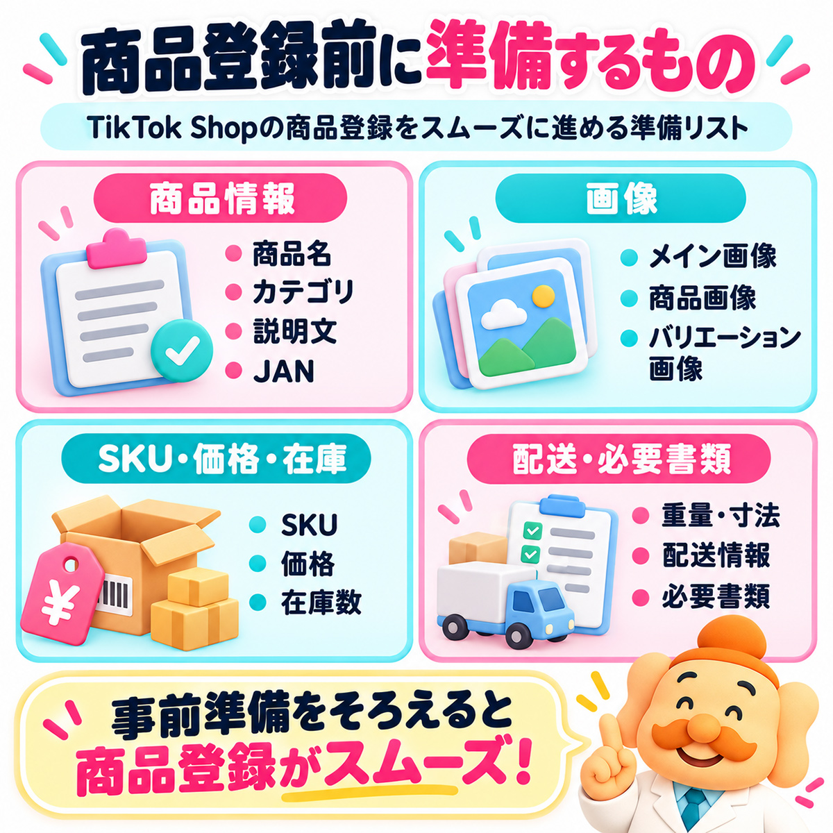 TikTok Shopの商品登録前に準備する商品情報・画像・SKU・価格・在庫・配送・必要書類