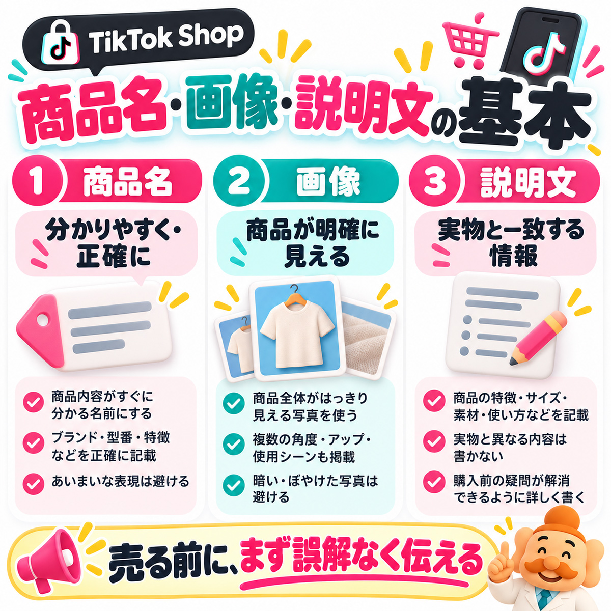 TikTok Shopの商品名は分かりやすく正確に、画像は商品を明確に、説明文は実物と一致させる基本