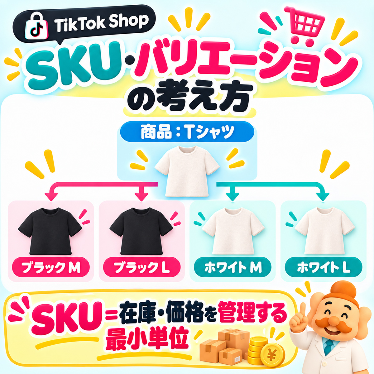 TikTok Shopの商品TシャツをブラックM、ブラックL、ホワイトM、ホワイトLのSKUで管理する例