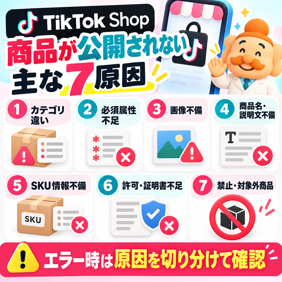 TikTok Shopの商品が公開されない原因 カテゴリ違い・必須属性不足・画像不備・商品名説明文不備・SKU不備・証明書不足・対象外商品