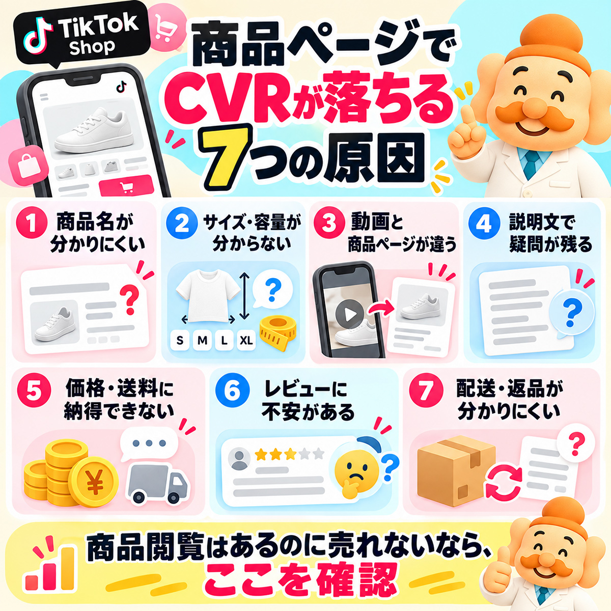 TikTok Shopの商品ページでCVRが落ちる商品名・サイズ容量・動画との不一致・説明文・価格送料・レビュー・配送返品の7原因