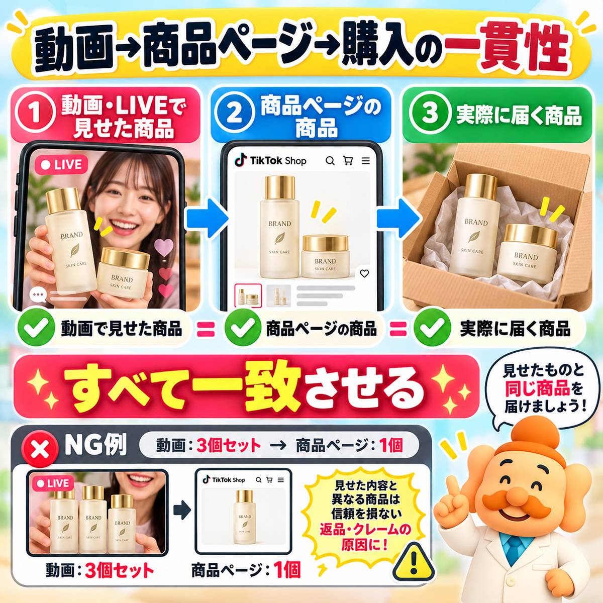 TikTok Shopで動画やLIVEで見せた商品と商品ページの商品と実際に届く商品を一致させる