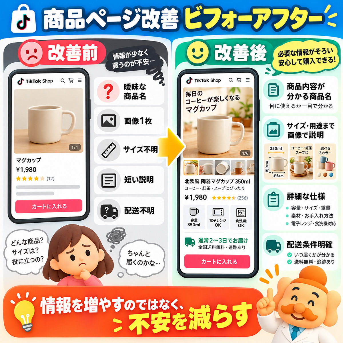 TikTok Shopの商品ページ改善前と改善後 商品名・画像・サイズ・説明・配送情報の比較
