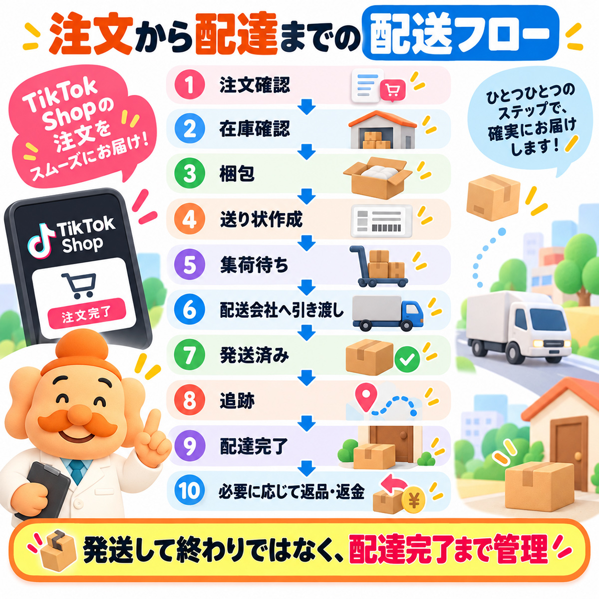 TikTok Shopで注文確認から在庫確認、梱包、送り状作成、集荷、発送、追跡、配達完了、返品返金までの配送フロー
