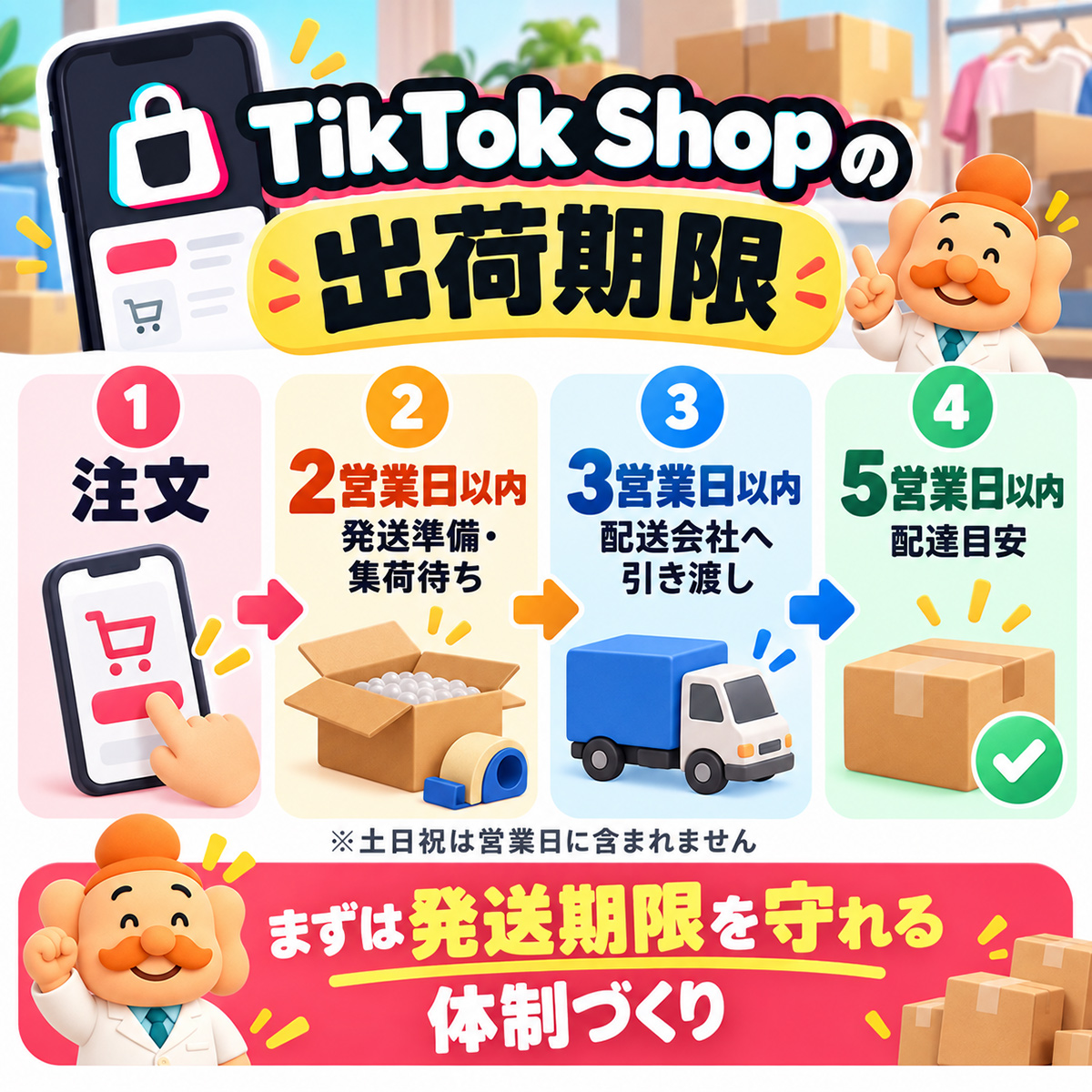 TikTok Shopの出荷期限 注文から2営業日以内に発送準備、3営業日以内に配送会社へ引き渡し、5営業日以内に配達する流れ