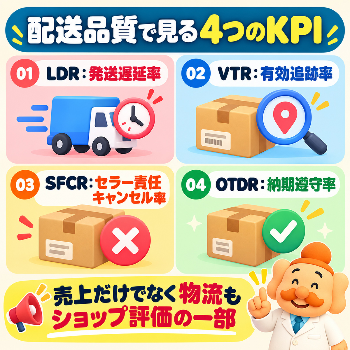 TikTok Shopの配送品質で確認するLDR発送遅延率、VTR有効追跡率、SFCRセラー責任キャンセル率、OTDR納期遵守率