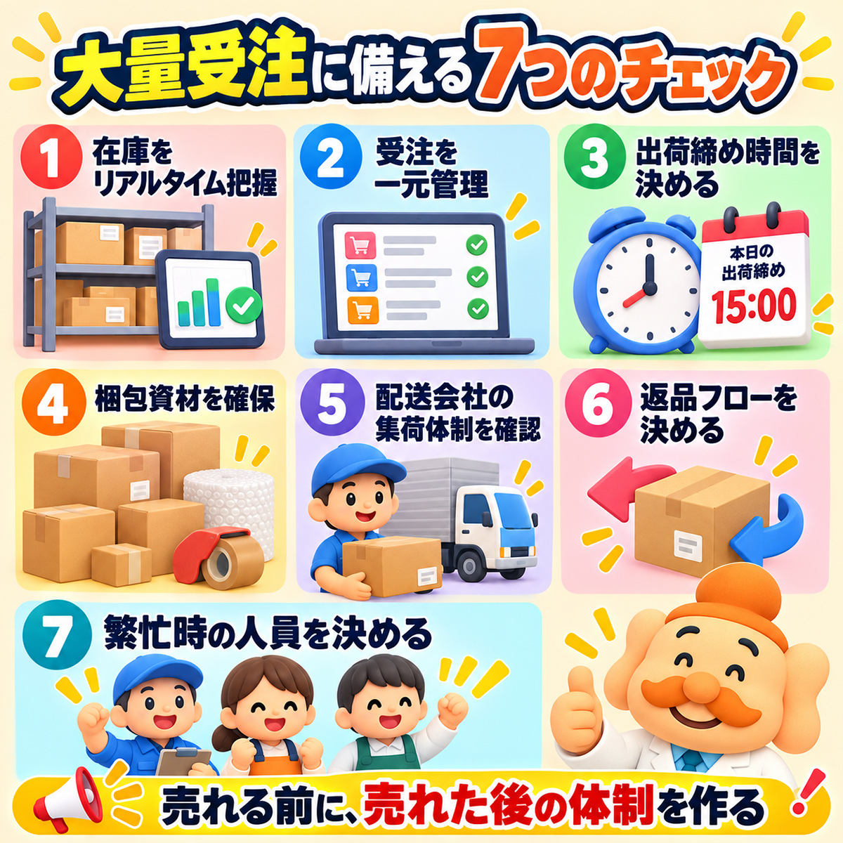 TikTok Shopの大量受注に備える在庫管理、受注一元管理、出荷締め時間、梱包資材、集荷体制、返品フロー、人員の7項目