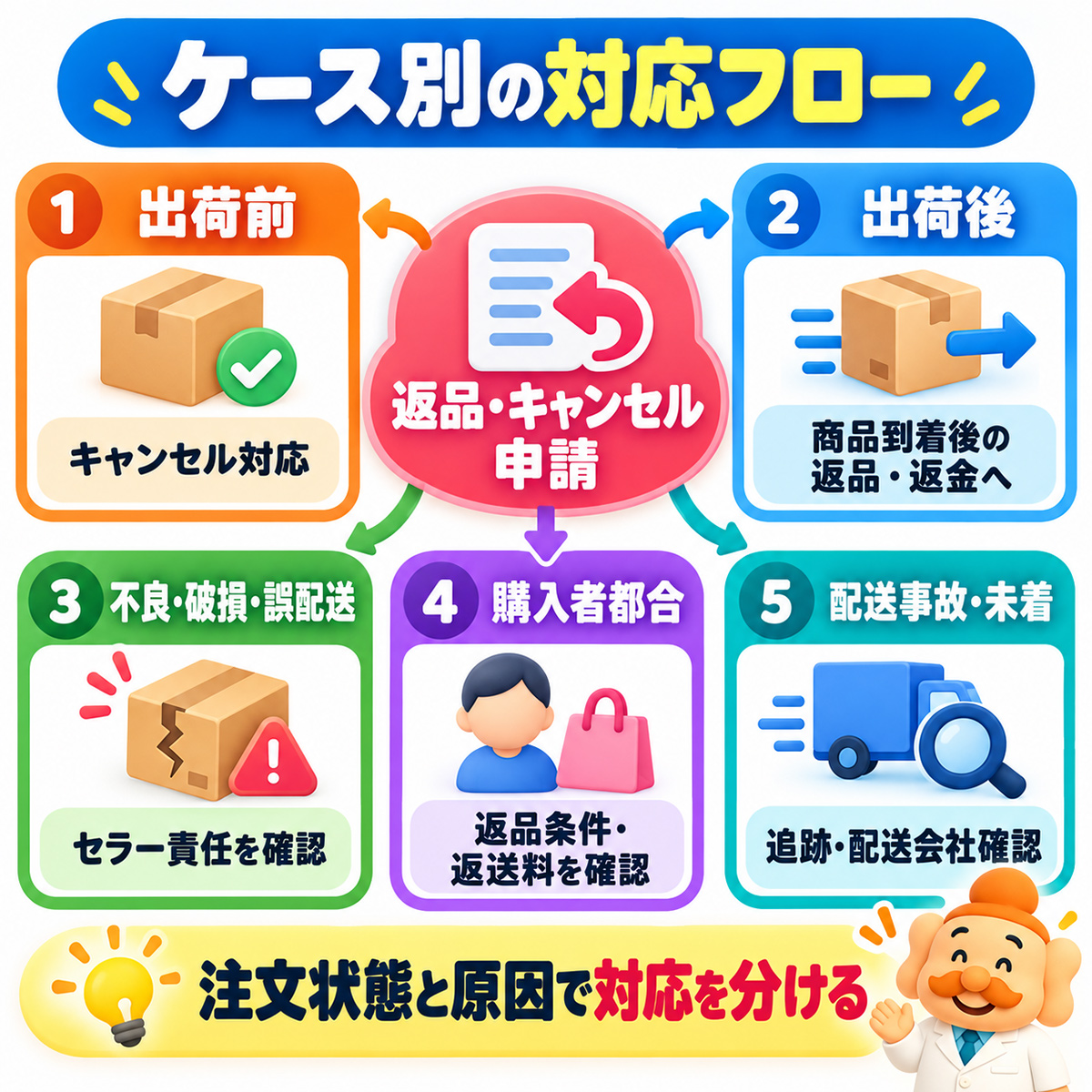 TikTok Shopの返品キャンセル対応を出荷前、出荷後、不良破損誤配送、購入者都合、配送事故未着で分けるフロー