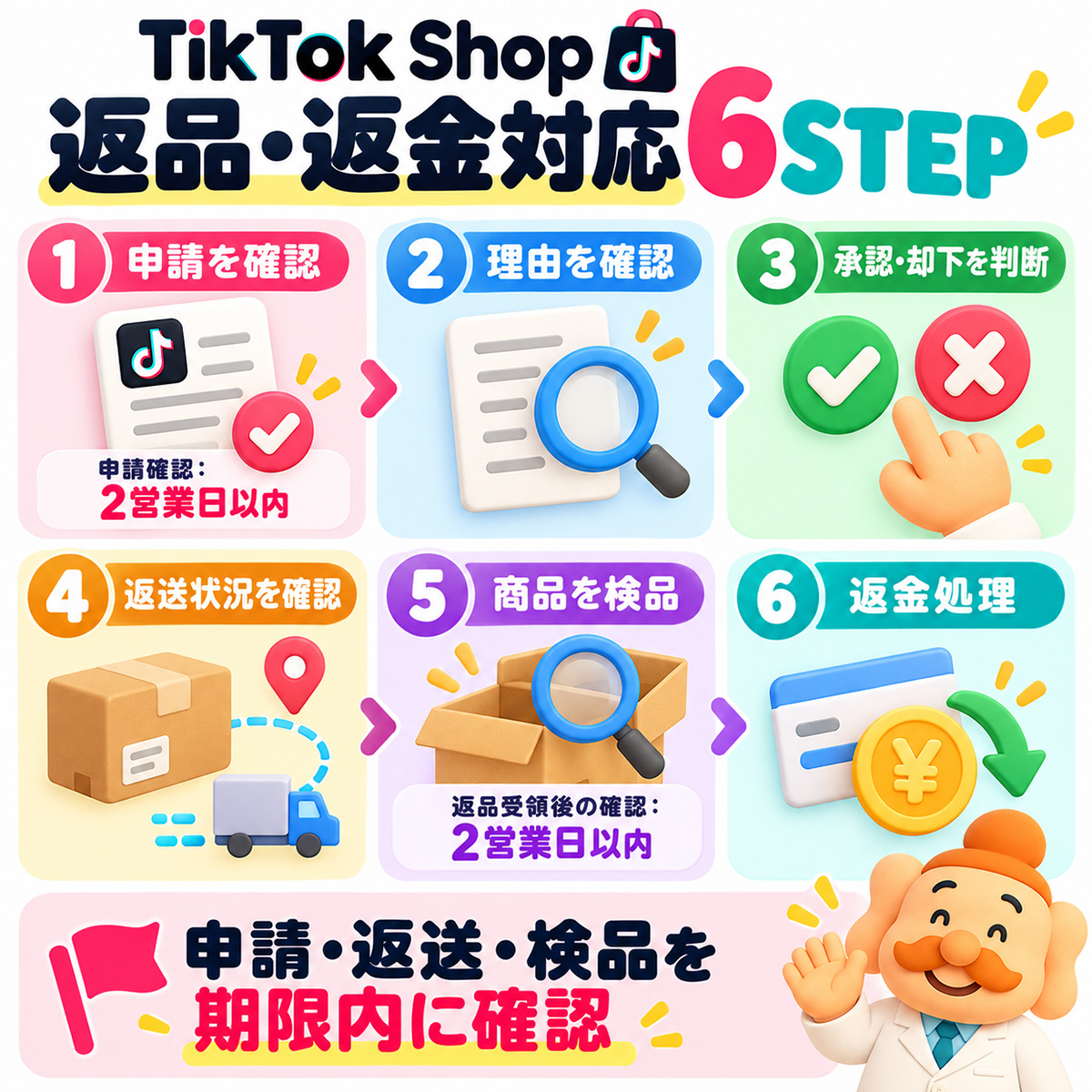 TikTok Shop返品返金対応の申請確認、理由確認、承認却下、返送確認、商品検品、返金処理の6ステップ