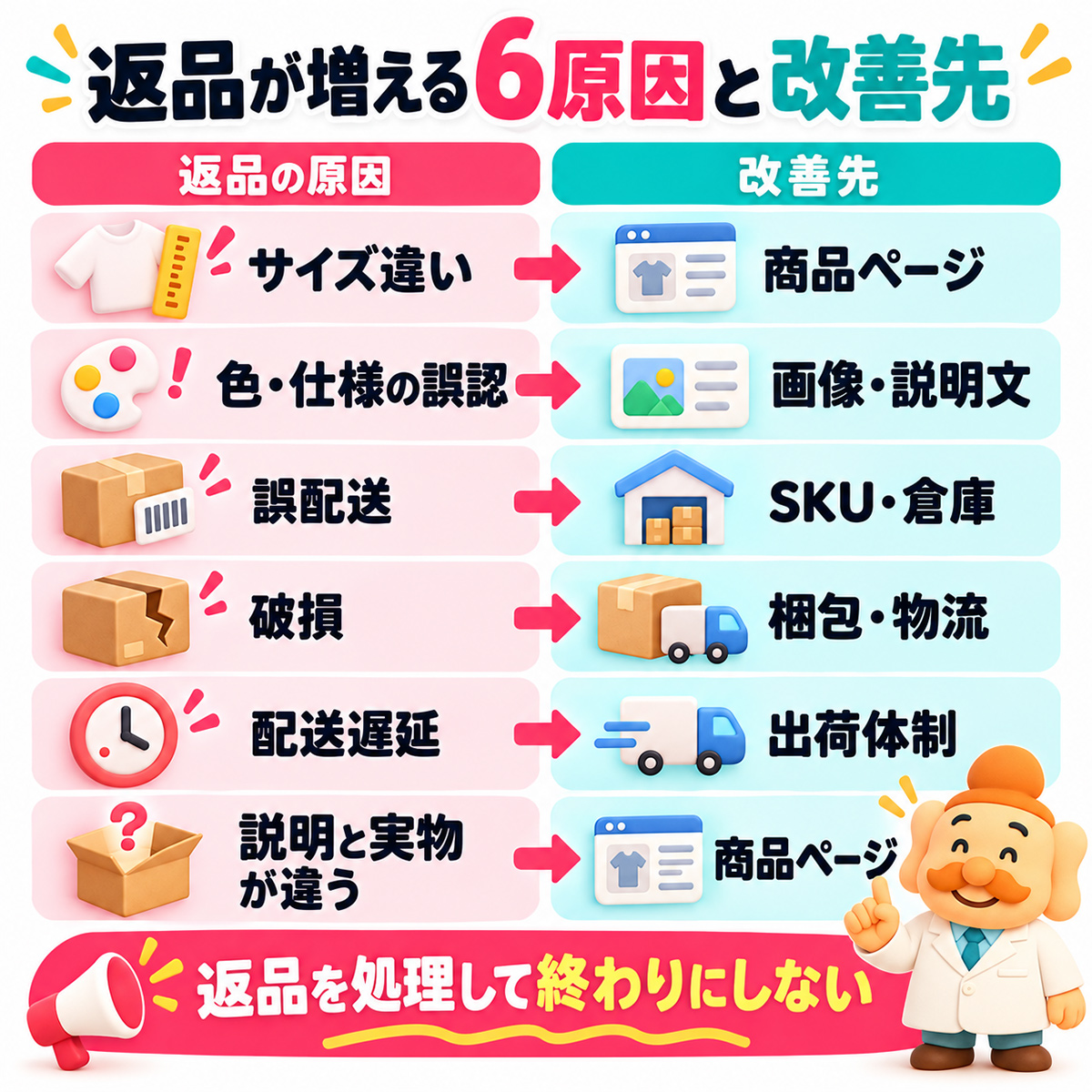TikTok Shopで返品が増えるサイズ違い、色仕様の誤認、誤配送、破損、配送遅延、説明と実物の違いと改善先