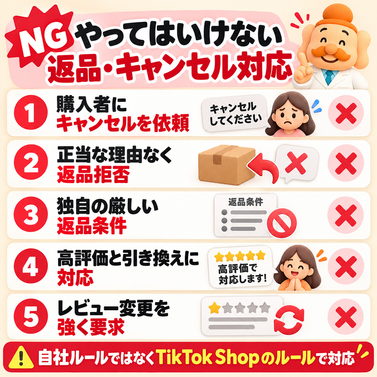 TikTok Shopでやってはいけない購入者へのキャンセル依頼、理由なき返品拒否、独自返品条件、高評価条件、レビュー変更要求
