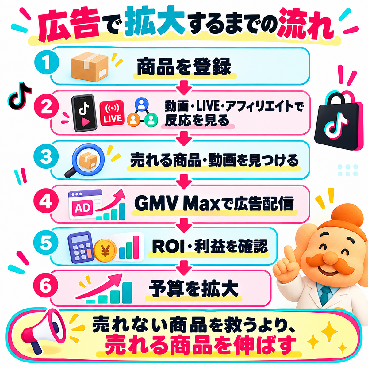 TikTok Shopで商品登録から動画LIVEアフィリエイトで反応を確認しGMV Maxで広告配信して予算を拡大する流れ