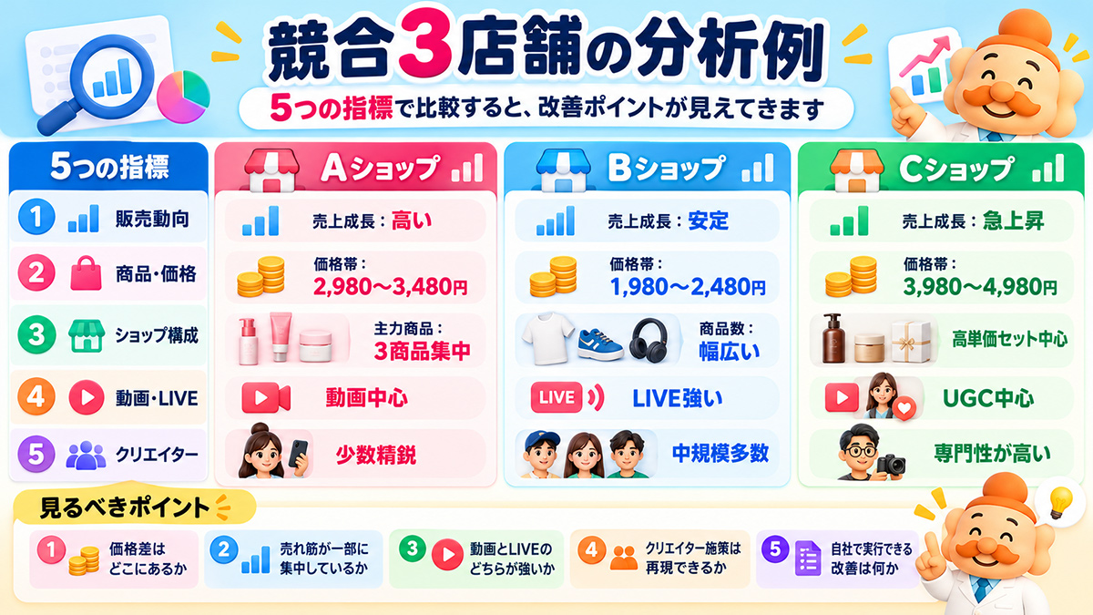 競合3店舗の比較図「5つの指標でA・B・Cショップを分析」
