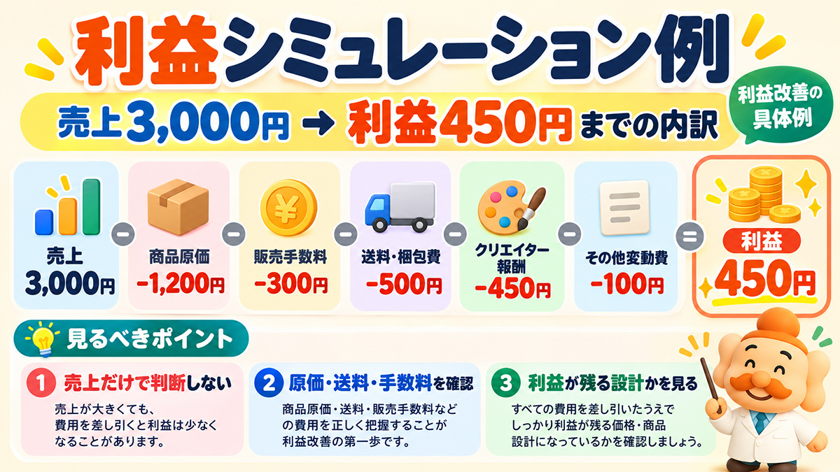 利益シミュレーション「売上3,000円→利益450円」の内訳